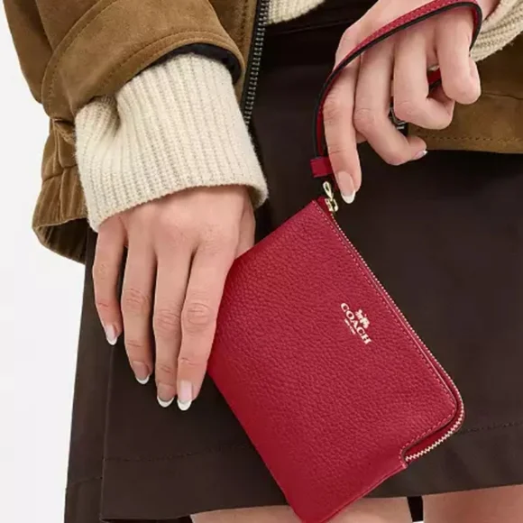 Coach Corner Zip Pebbled Leather Wristlet in Red And Gold - Picture 8 of 12